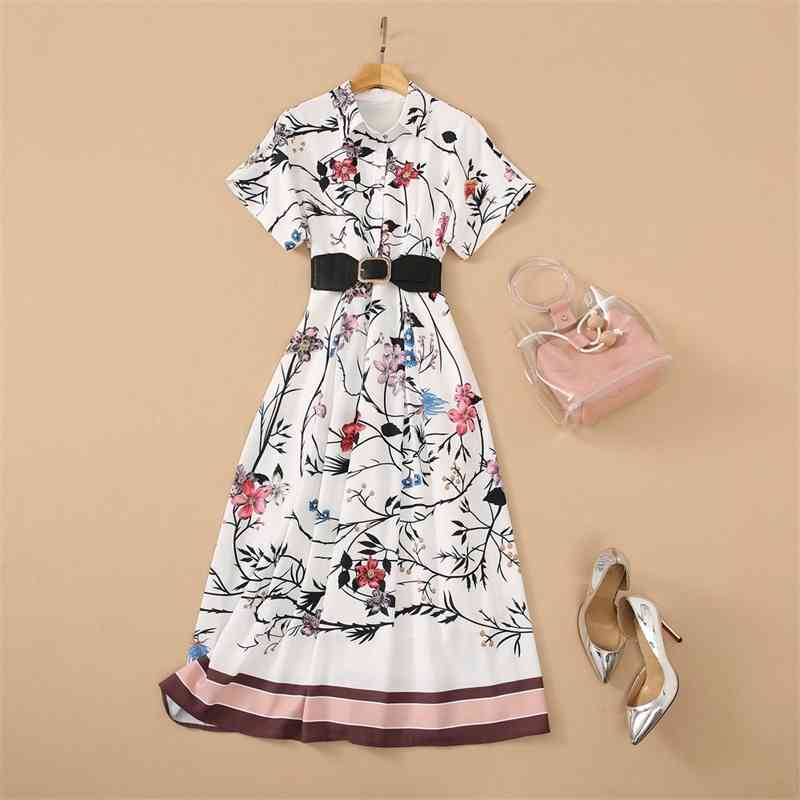 

Truevoker Runway Fashion Designer Dress Lady Short Sleeve Flower Print Pocket Belted Prom Robe Mujer Cotton Festa Vestido 210602, White