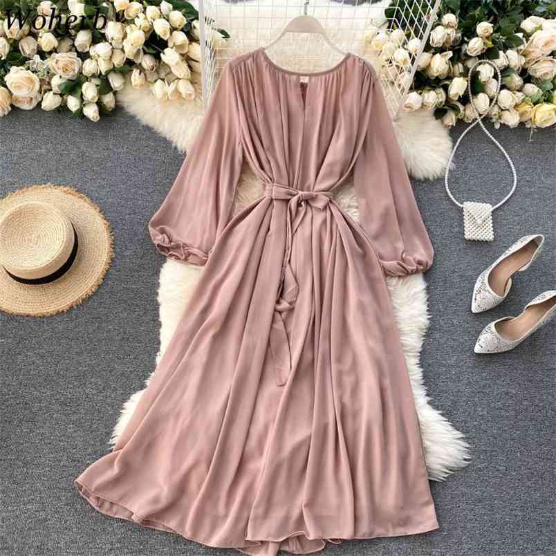 

Fashion Office Lady Dress Korean Elegant Lantern Sleeve Lace-up A- Line Women Vestido Vintage Pleated Dresses 210519, Pink