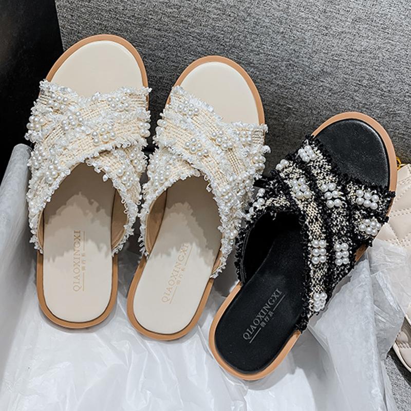 

Slippers 2022 Fairy Gingham Pearl Tassel Cross Band Cloth Women Outside Flipflops Shoes Woman Bead Fringe Slip On Slides Size43, Black