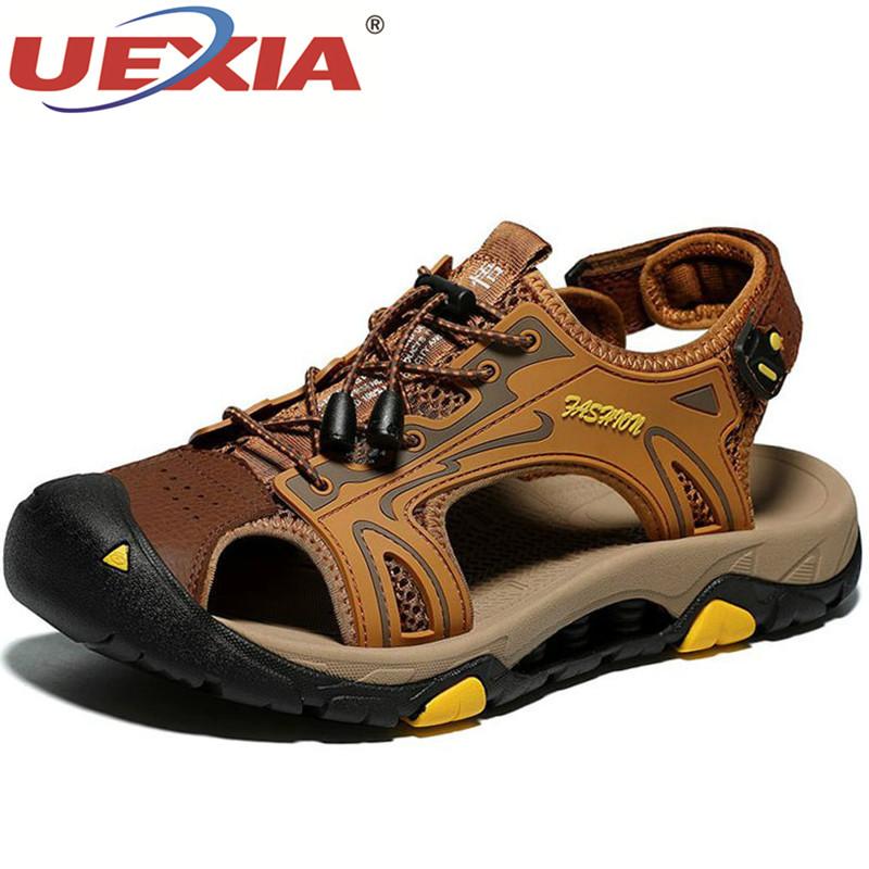 

Sandals UEXIA Summer Outdoor Handmade Men Shoes Mens Leather Fashion Flats For Beach Footwear Sneakers, Black
