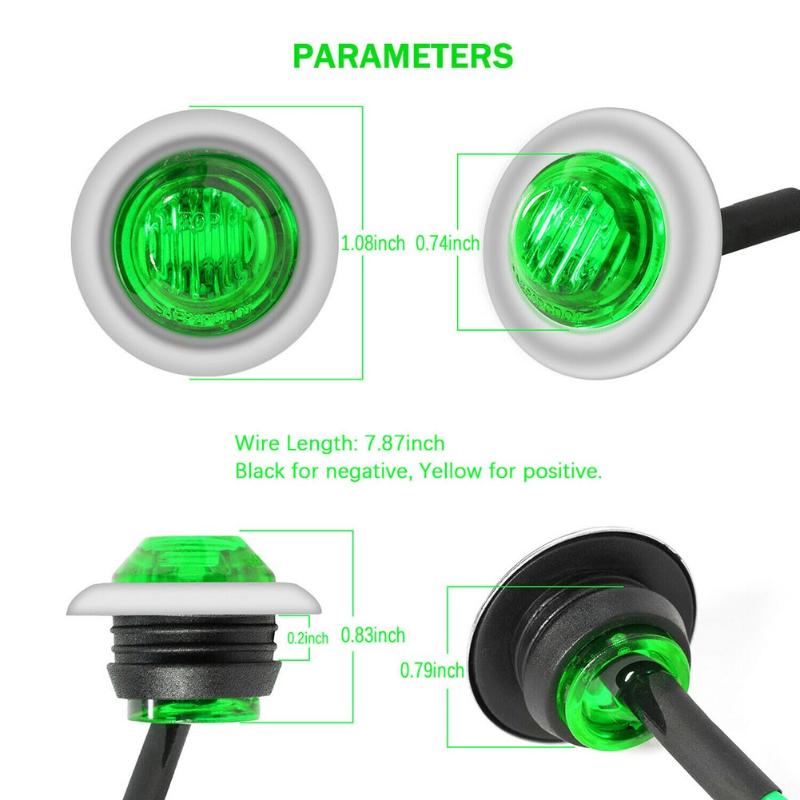 

Car Headlights 12V Side Marker LED Light 2 Wires 20pcs 3/4\\\"inch 304 Stainless Chrome Bezel Cover 80LM Green Round Set
