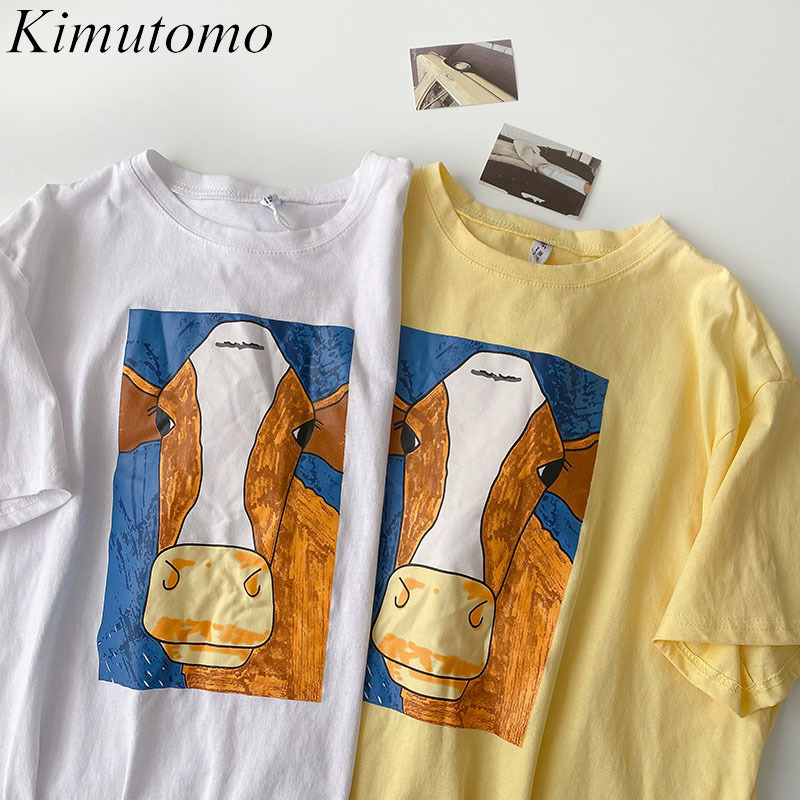 

Kimutomo Cute Cartoon Printed T-shirt Spring Summer Women Clothing Korean Casual O Neck Short Sleeve Loose Top Female 210521, White