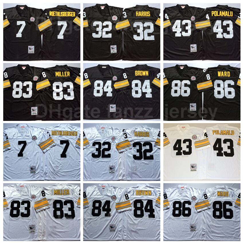 

NCAA Vintage Football 86 Hines Ward Jersey Retro 7 Ben Roethlisberger 43 Troy Polamalu 83 Heath Miller 84 Antonio Brown 32 Franco Harris, 7 black