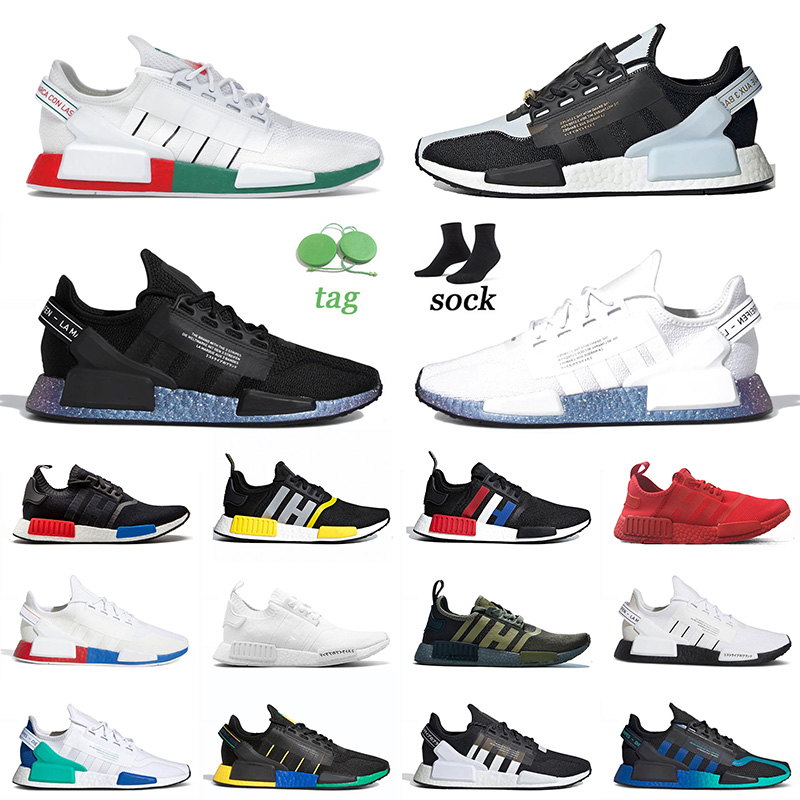 

2021 High Quality Human Race Running Shoes PW NMD R1 V2 Black Speckled Mexico City Mens Womens Grey Silver Trainers Sneakers 36-45, D39 triple white 36-45