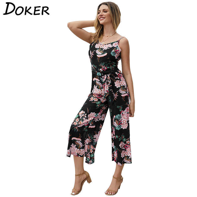 

Summer Spaghetti Strap Print Sleeveless Vintage Women Jumpsuit Casual Loose Temperament Elegant Holiday Jumpsuits 210604, Black
