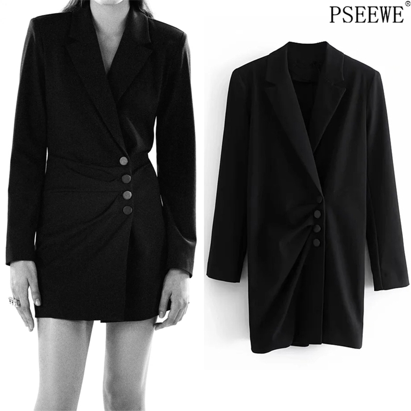 

Black Blazer Dress Women Winter Wrap Long Sleeve Mini Woman Vintage Button Office Ladies Elegant es 210519