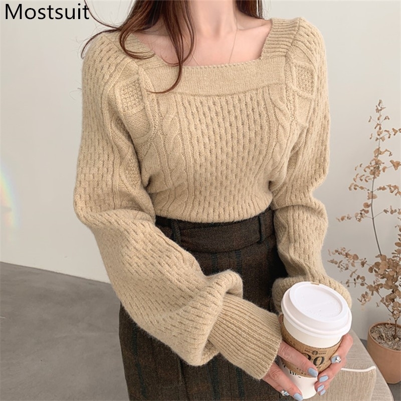 

Square Collar Twisted Knitted Korean Vintage Sweaters Tops Women Autumn Long Sleeve Elegant Ladies Sexy Pullovers Jumpers 210518, Beige