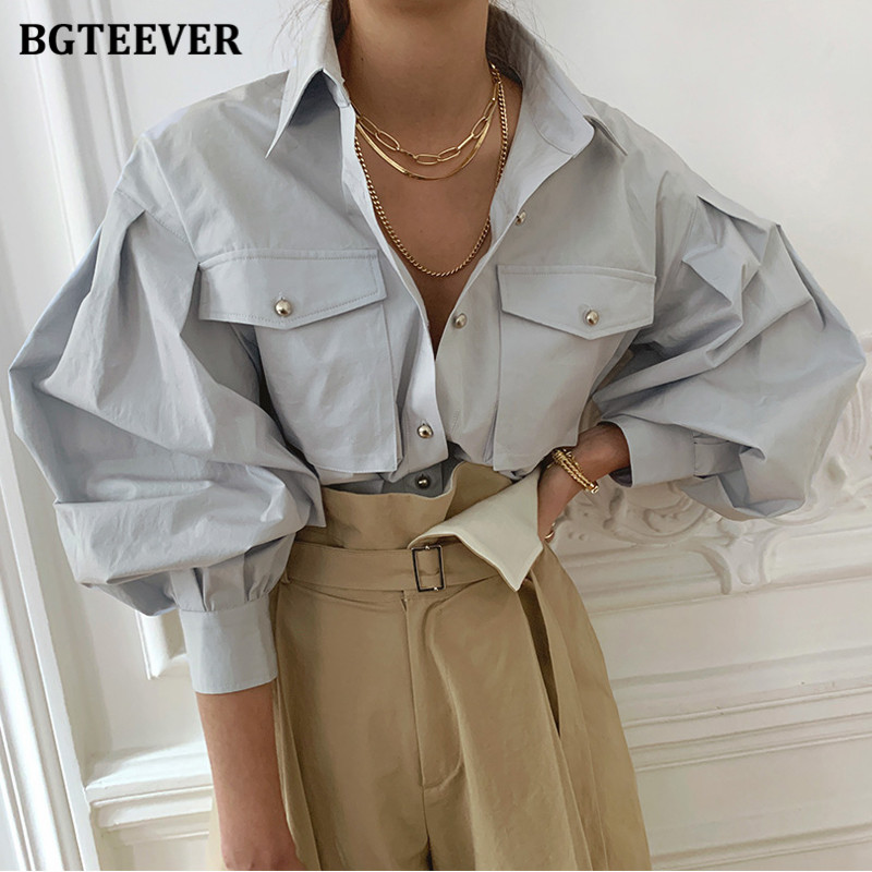 

BGTEEVER Chic Elegant Loose Single-breasted Shirts for Women 2021 Autumn New Fashion Full Sleeve Pockets Female Blouse Tops, Blue