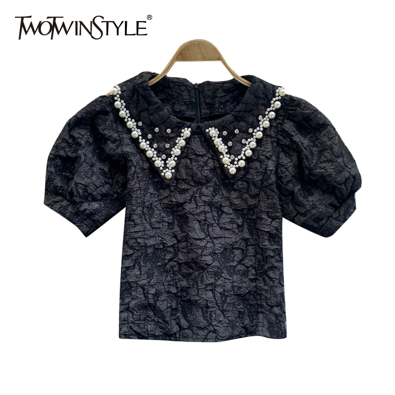 

Vintage Patchwork Shirt For Women Lapel Puff Short Sleeve Slim Blouses Female Summer Fashion Clothing 210524, Pink