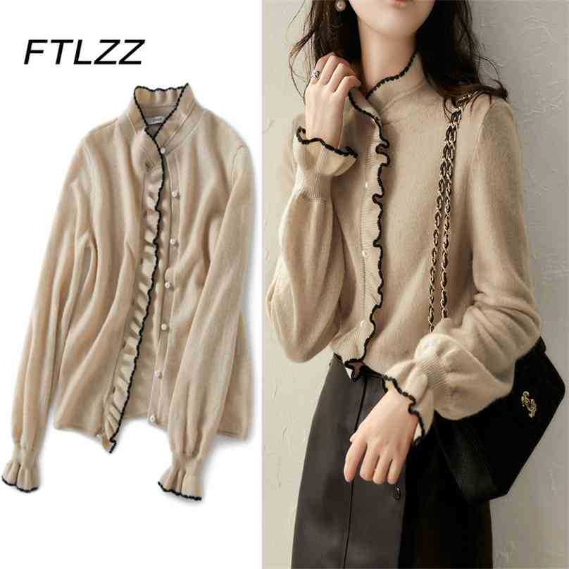 

Women Elegant Office Sweater Spring Autumn Long Sleeve Ruffles Single Breasted Cardigan Ladies Button Up Knitted Tops 210525, Black
