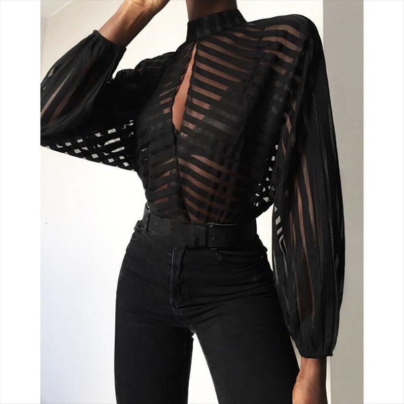 

fashion mesh hollow womens blouses v neck casual long sleeve tee balck transparent clubwear, White