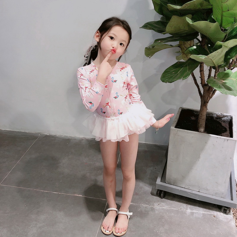 

One-Pieces Wholesale Summer Girls Swimsuits Cat Raiow Unicorn Long Sleeve Tutu Skirt Spring Small Fresh Swim Wear E0050 S4FM, Pink