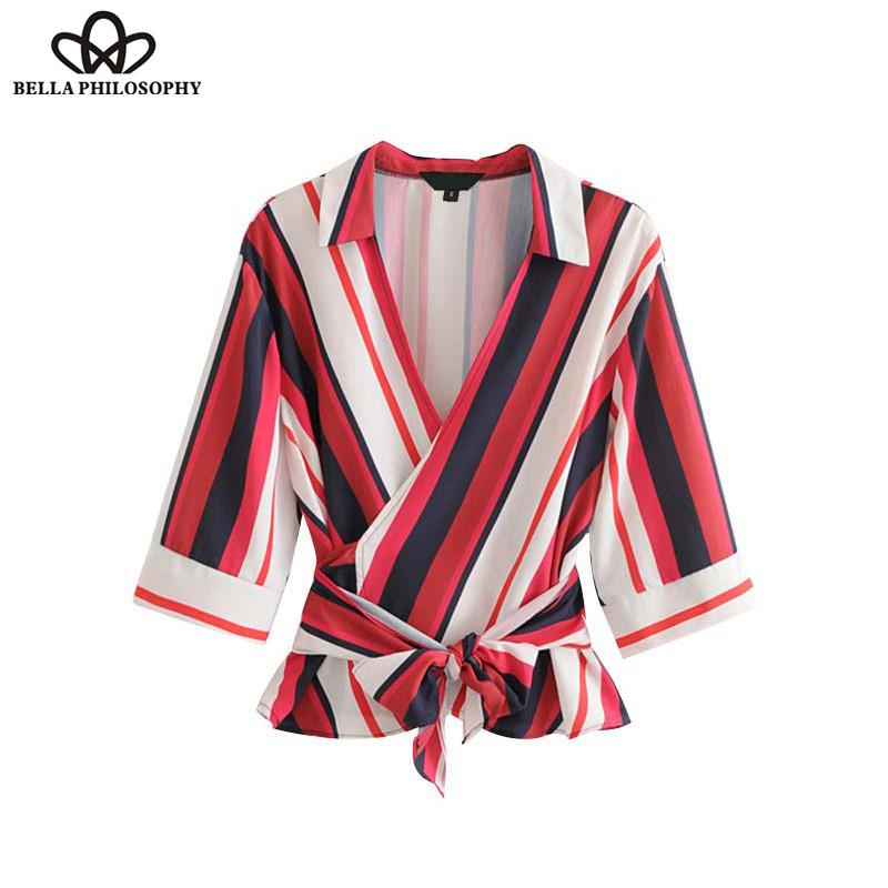 

Women' Blouses & Shirts Heydress Summer Women Elegant Striped Wrap Blouse V Neck Bow Tie Sashes Half Sleeve Sexy Shirt Ladies Casual Tops B, As picture