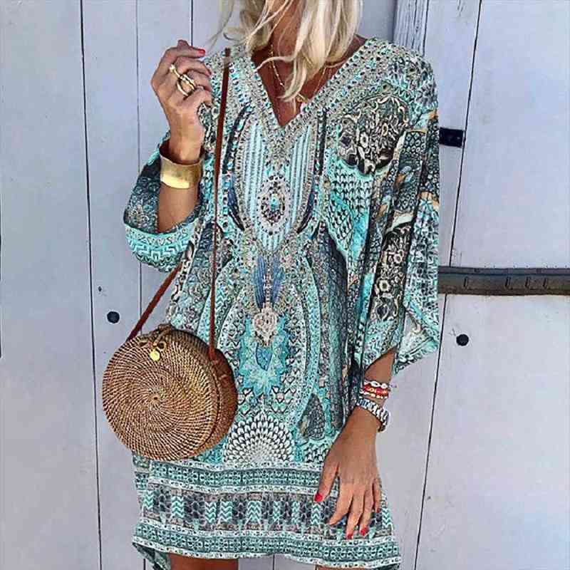 Sexy V Neck Beach Womens Dress Fashion Boho Geometric Printing Knee Length Summer Leisure Time On Vacation Long Sleeves-image-723963535