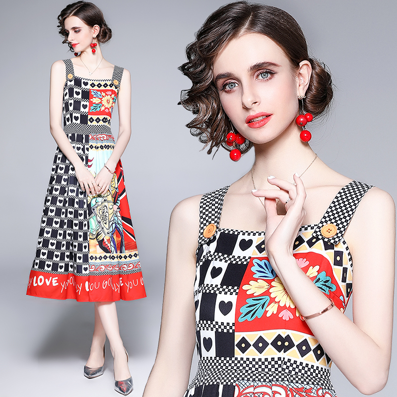 

Luxury Fashion Runway Printed Vest Dress2021 Designer Office Holiday Prom Elegant Square Neck Ladies Sexy Slim A-Line Dresses Summer Autumn Quality Women Clothes, 04