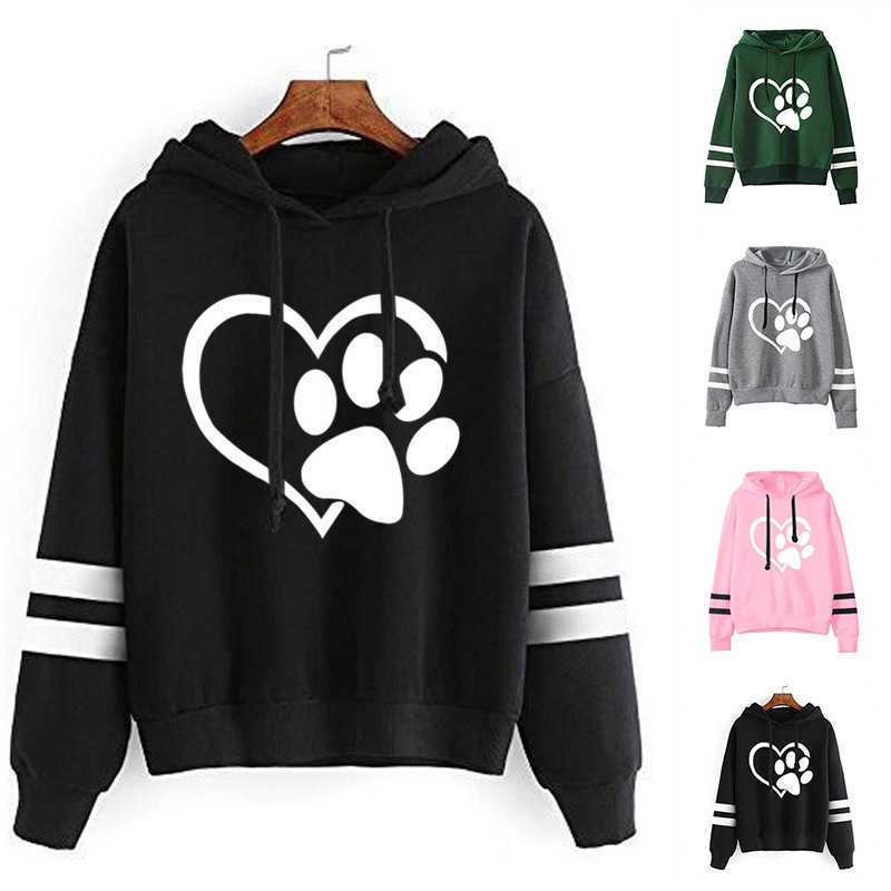 

Women Hoodie Dog Footprints Heart Printed Hoodies Women Double Striped Long Sleeve Fleece Sweatshirt with Hat Girls Pullovers 211019, Black