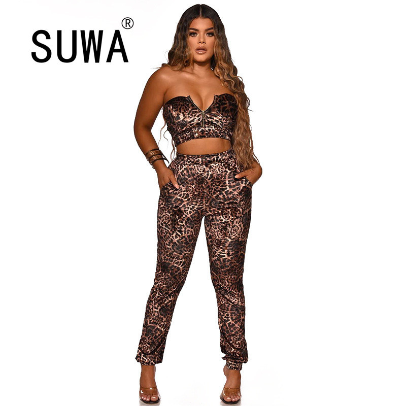 

Leopard Print Sexy Outfits 2 Piece Set Autumn Off The Shoulder Zip Up Bandage Crop Top Bodycon Sweatpant Matching Sets Tracksuit 210525, Brown