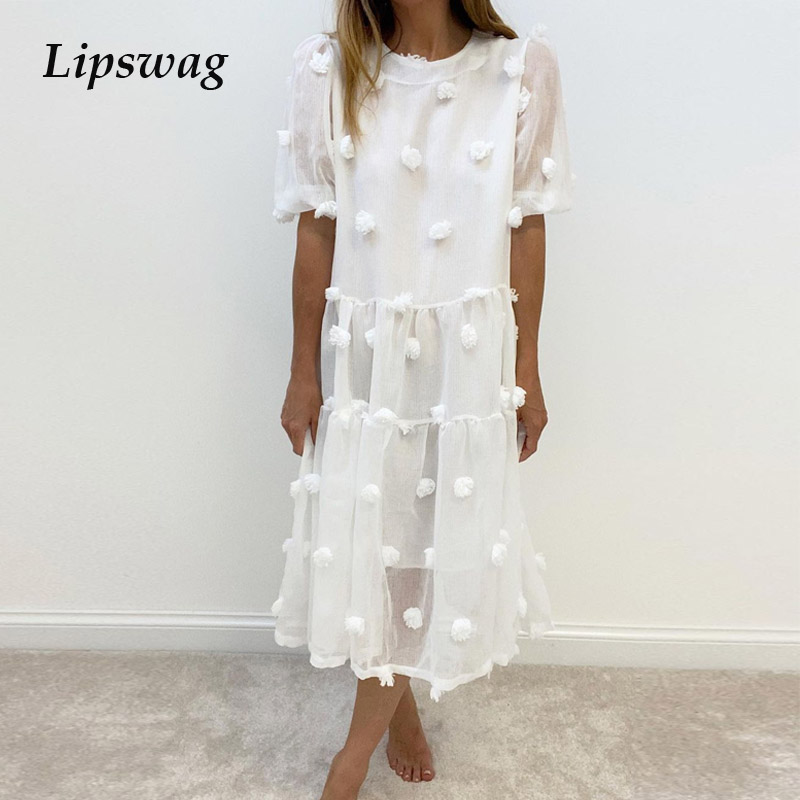 

2021 women elegant tassel ball mesh party dress casual short sleeve female beach long dress fashion o neck spring summer dresseshigh quality, Black;gray