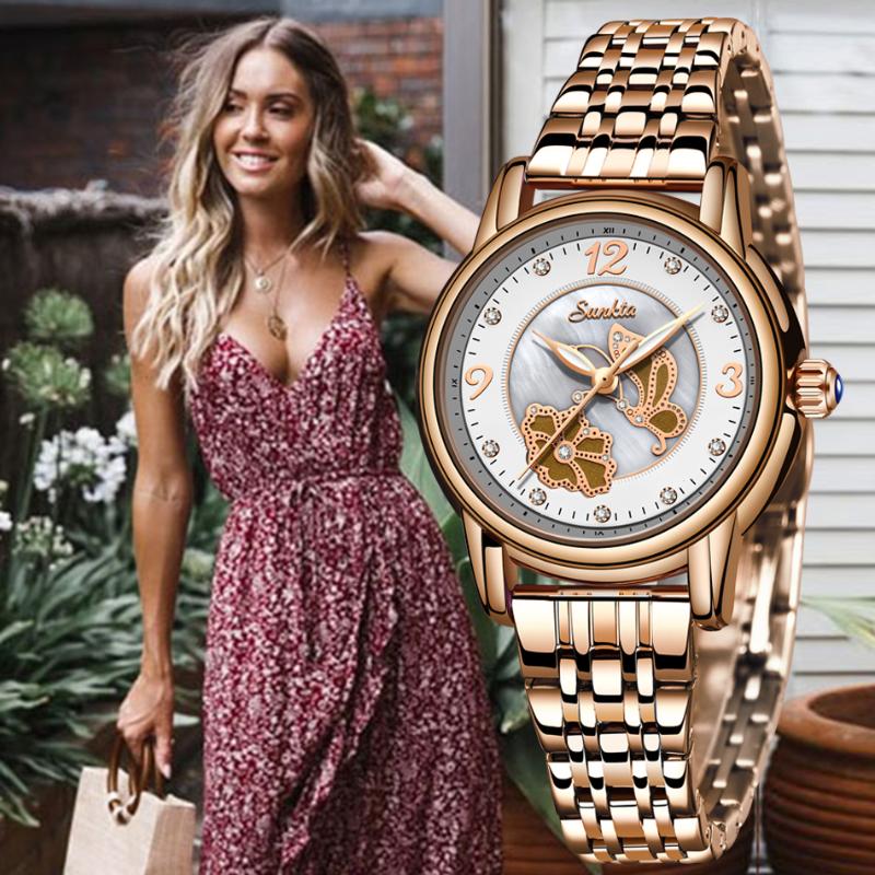 

Wristwatches SUNKTA Women Watch Top Casual Fashion Stainless Steel Waterproof Lady Quartz Clock Relogio Femini, S silver white