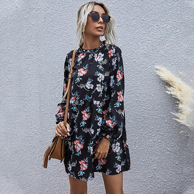 

autumn winter fashion floral casual women dress full sleeve high waist loose print, Black;gray