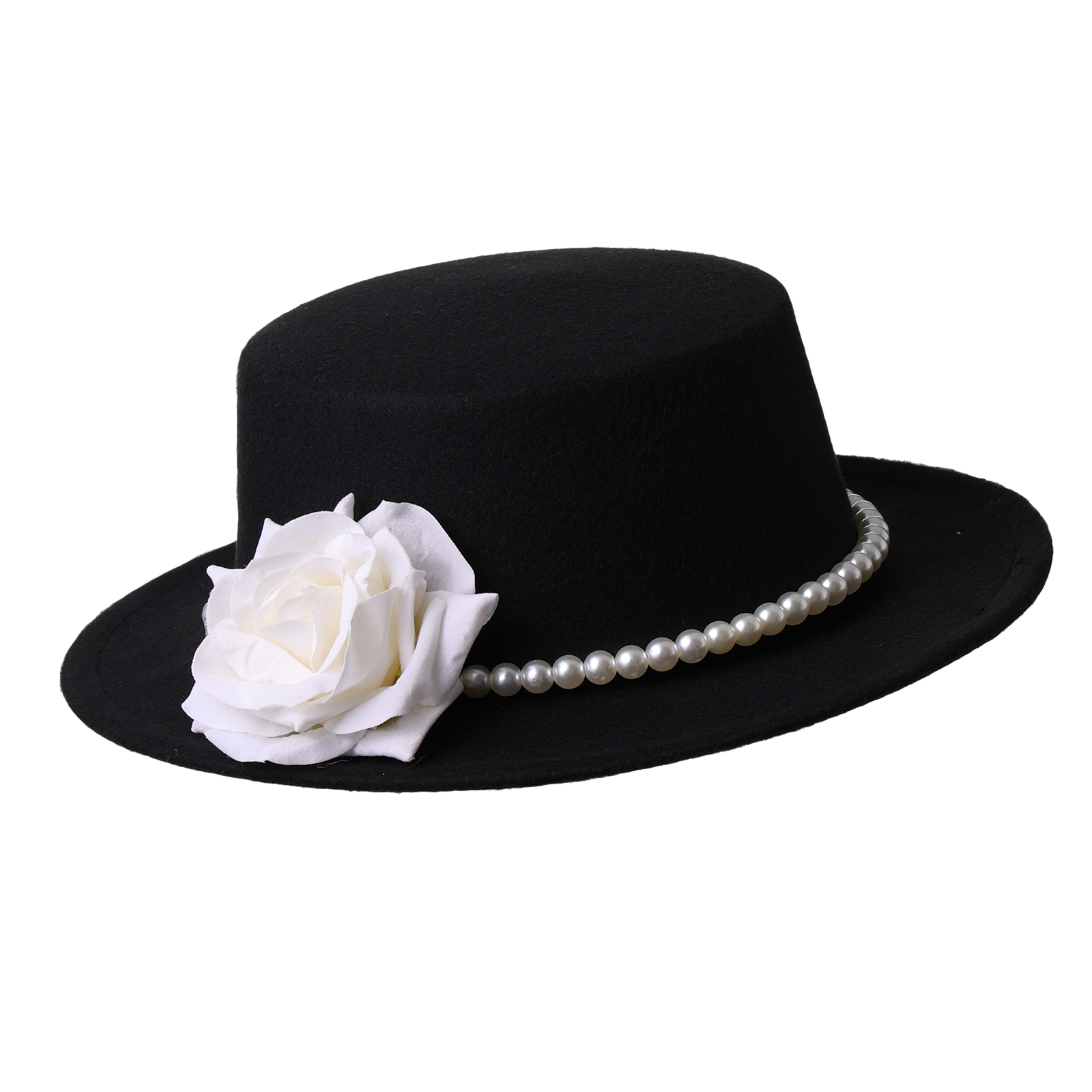 

Women Black Hat Vintage Victorian Style White Pearl Rose Party Fedora Wide Brim Sun Hats