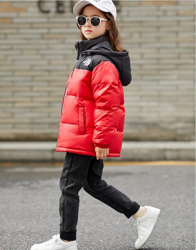 

Children's Down Coat Designer Boy's Outerwear Hooded Girl Warm Jacket Color Blocking Classic Design 100-160cm, Red