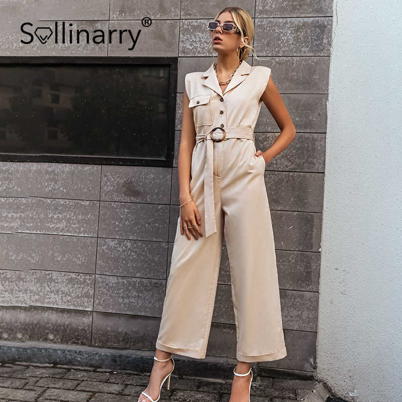 

Sollinarry Vintage sash belt solid women jumpsuit V neck sleeveless female jumpsuit romper Turn down collar wide leg overalls 210709, Beige