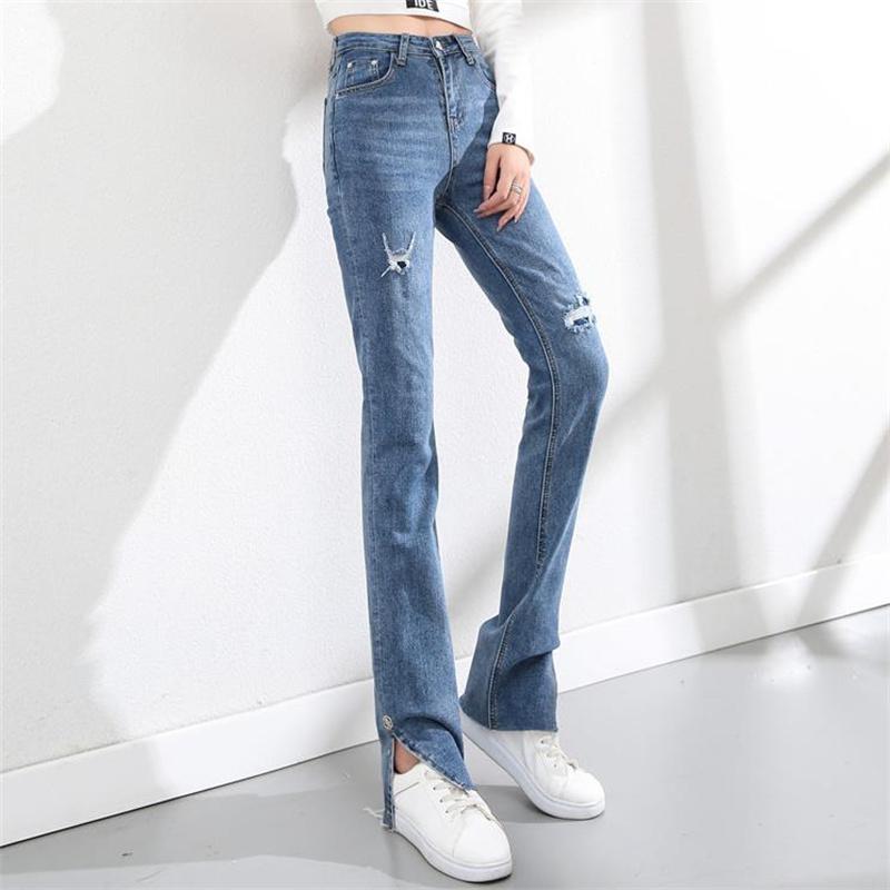 

Women's Jeans Long With Holes And Forks High Waist Straight Slim, Blue