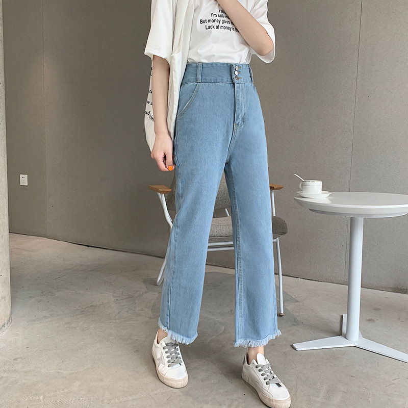 

Women' Jumpsuits & Rompers high-waisted solid-colored brem-legged women' slacks with raw edge legs in a casual straight line down cut-down pants U0LJ, 1# shoe box