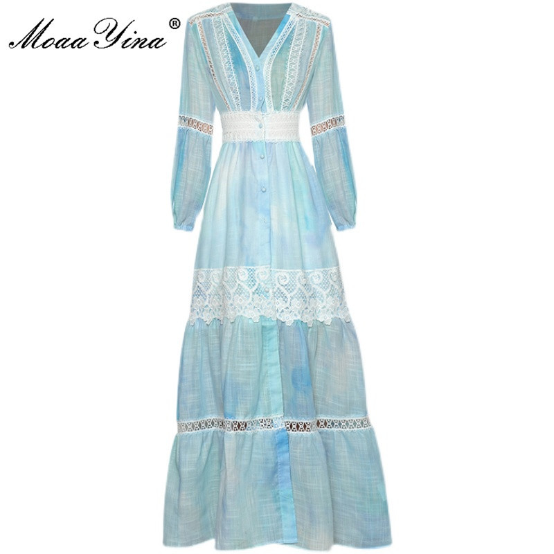

Fashion Runway Summer Women V-neck Lantern sleeve Hollow out Single-breasted Print Long Holiday Party Gown Dress 210524, Sky blue