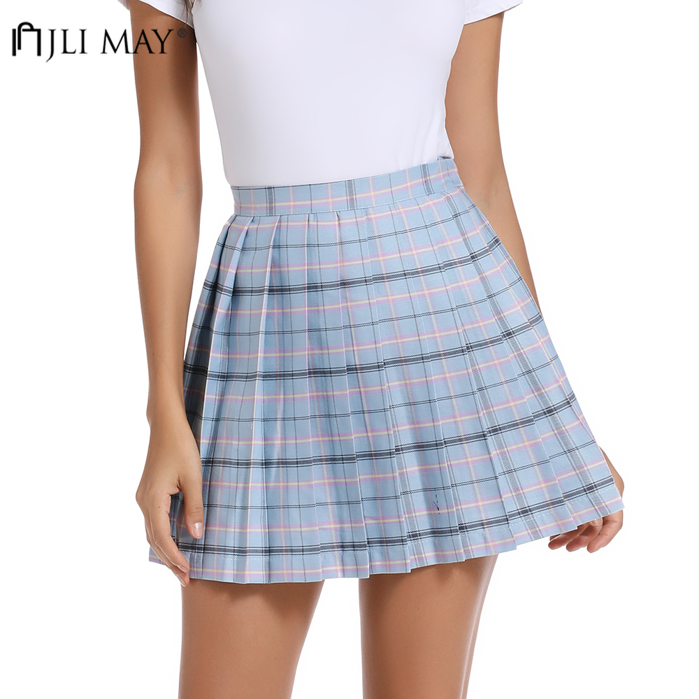 

JLI MAY High Waist Pleated Mini Skirts Girls Harajuku Skirt Solid Plaid Casual chic Japan Korean style school uniform Plus size, Black elastic waist