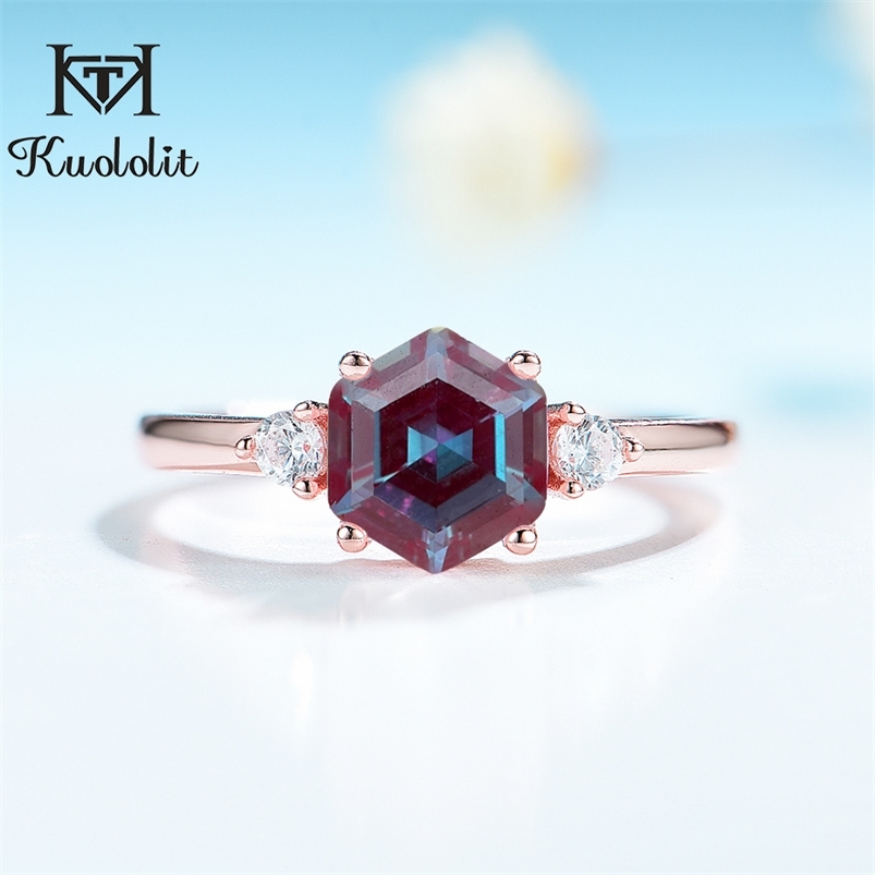 

Kuololit 2CT lab grown Alexandrite Gemstone Ring for Women 925 Sterling Silver 585 rose gold hexagon Luxury Fine jewerely 210701