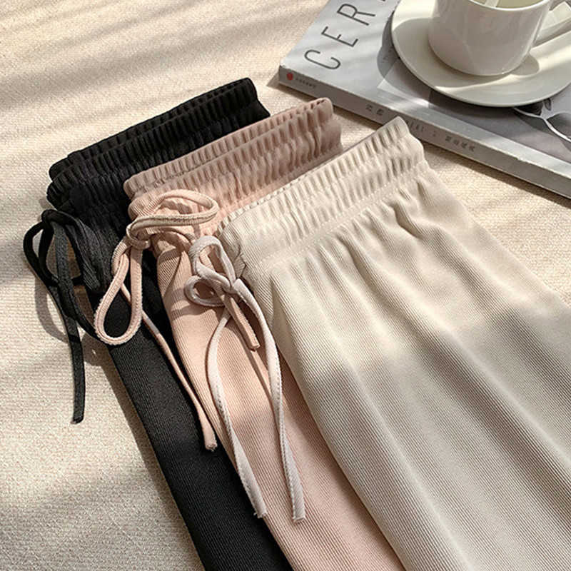 

High Waist Soft Comfort Women Wide-leg Pant Casual Spring Summer Woman Ice Silk Ankle-Length Trouser Female Slacks 210526, Ankle pink
