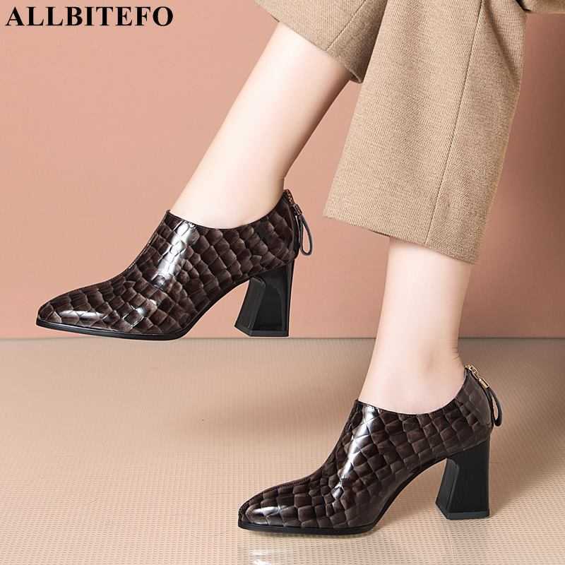 

ALLBITEFO size 33-42 Stone texture natural genuine leather women heels fashion sheepskin inside high heel shoes high heels 210611, As picture