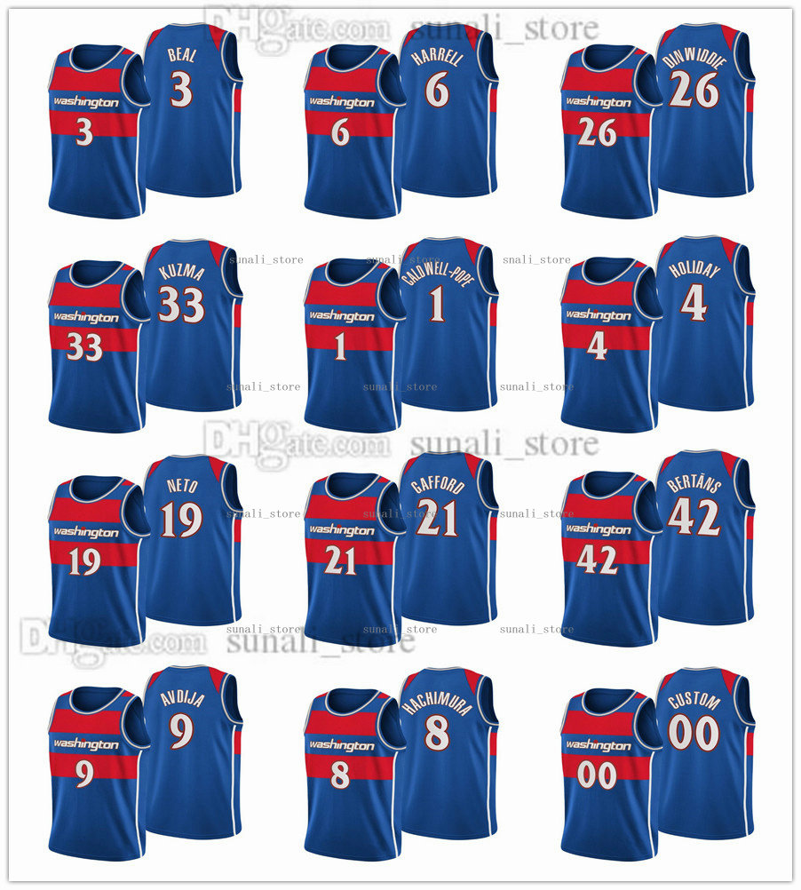 

75th Anniversary 2021-22 City Blue Basketball Jersey Bradley Beal Spencer Dinwiddie Davis Bertans Kyle Kuzma Caldwell-Pope Montrezl Harrell Deni Avdija Edition