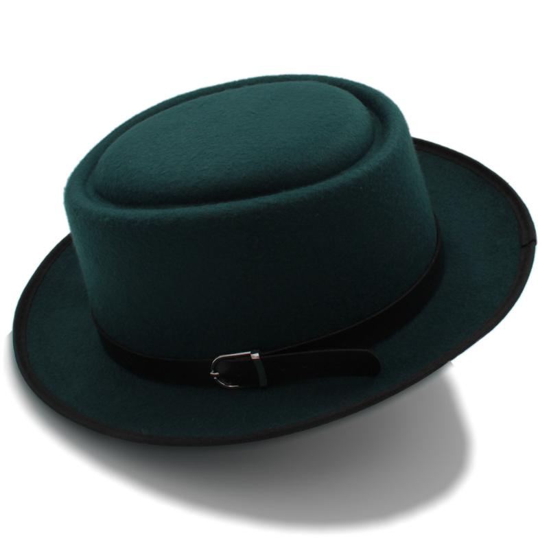 

Fashion Pork Pie Hat For Men With Leather Wool Flat Fedora Gentleman Gambler Trilby Dad Size 58cm Wide Brim Hats, Blue;gray