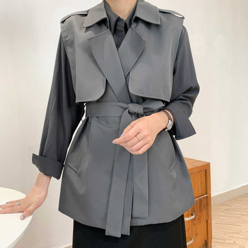 

Autumn Windbreaker Vest Women's Black Waist Hugging Was Thin Korean Trench Loose Casual Coat Female 210607, Grey