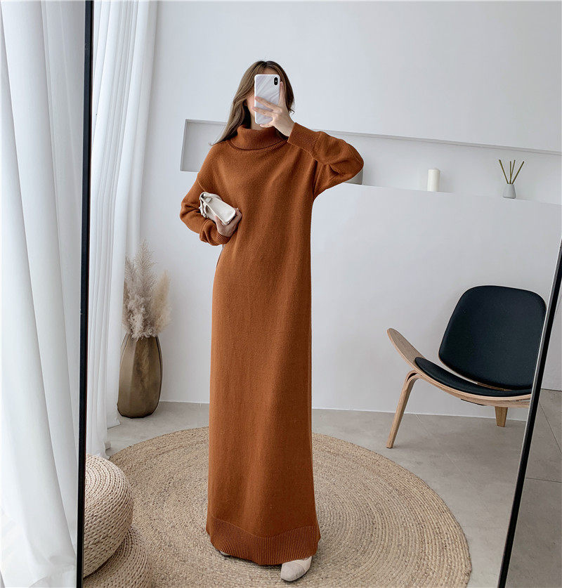 

Extra Long Sweater Dress Women Autumn and Winter High-neck Long Sleeve Knitted Bottoming Dress Thick Shirt Femme Robe f2618, Light apricot