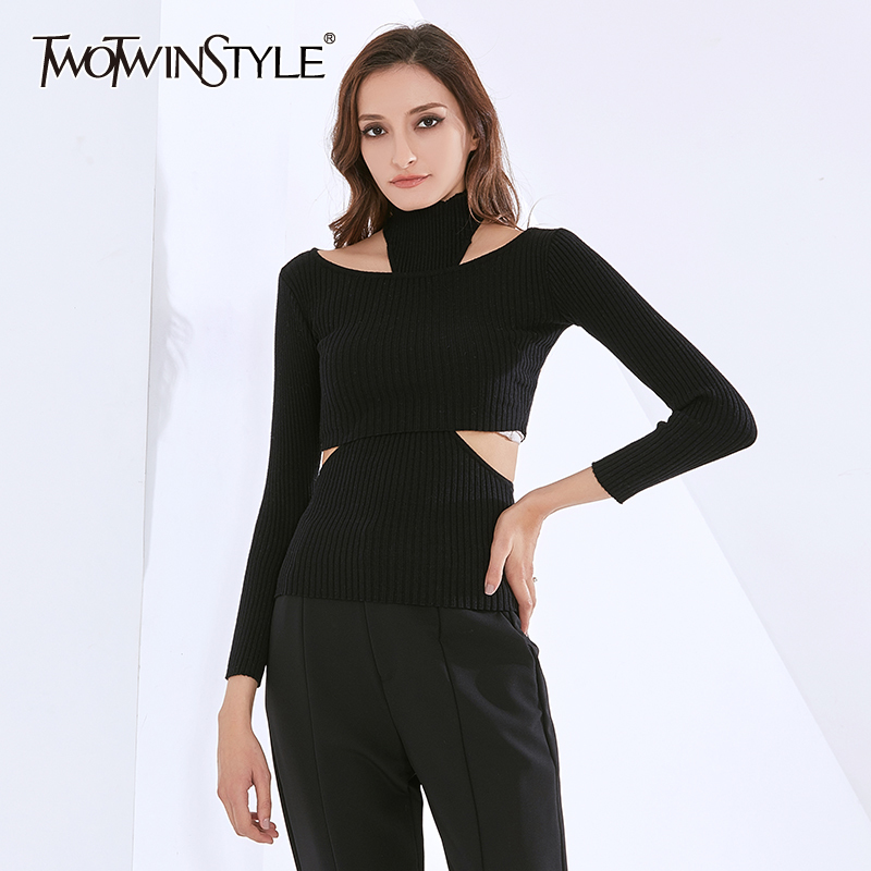 

Black Sweater For Women Slash Neck Halter Hollow Out Long Sleeve Oversized Knitting Pullovers Female Clothing 210524