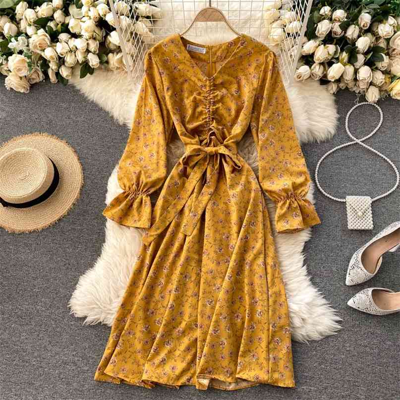 

Fashion Spring Autumn Long Sleeve Drawstring Lace up V Neck Floral Print Vintage Party Midi Casual Dress Vestidos Robe 210603, Light purple