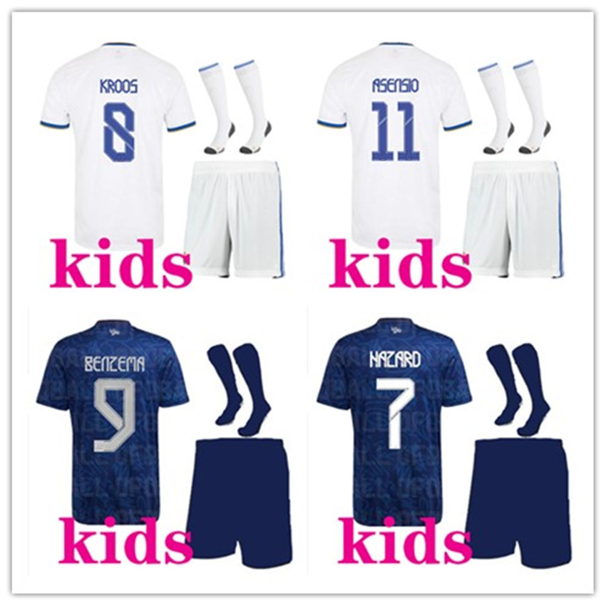 

kids 2021 2022 football kits BENZEMA soccer jersey 21/22 camiseta de futbol HAZARD KROOS ISCO MODRIC VINI JR. Kid footbal sets, 21/22 away