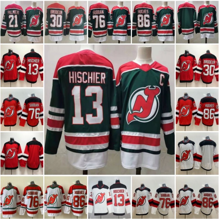 

86 Jack Hughes 2021 Reverse Retro Hockey News Jersey Devils 13 Nico Hischier 21 Kyle Palmieri 30 Martin Brodeur 76 PK Subban Stitched Green Red White, Black;red