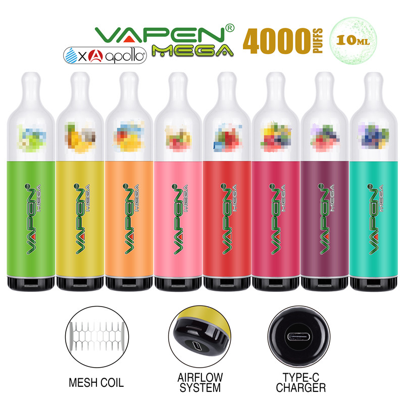 

Original VAPEN MEGA x APOLLO 4000Puffs Disposable e Cigarette Kit Vape Pen US 10ml Pre-filled e-Liquid Vapor Mesh Coil Chargeable Airflow Adjustable eCigs Vaporizer, Mix colors