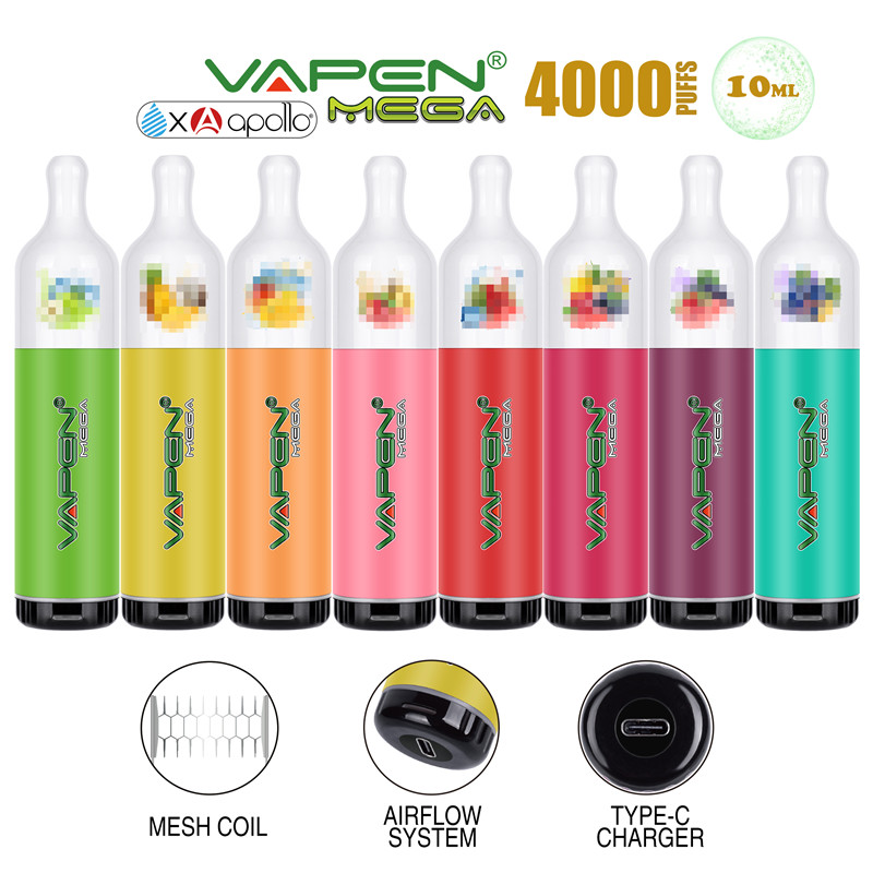 

Original VAPEN MEGA x APOLLO 4000Puffs Disposable e Cigarette Kit Vape Pen US 10ml Pre-filled e-Liquid Vapor Mesh Coil Chargeable Airflow Ad