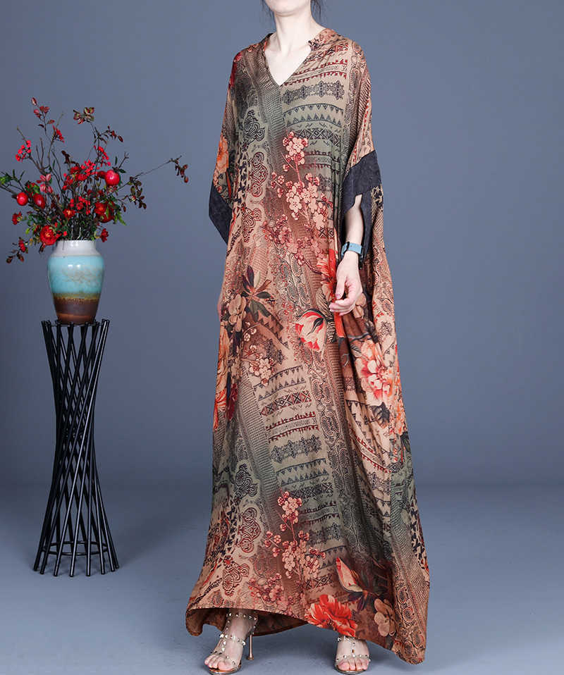 

Spring and Summer Fashion Casual Comfortable Loose Irregular Dress Elegant Retro Printing Stitching V-neck Female 210615, Photo color