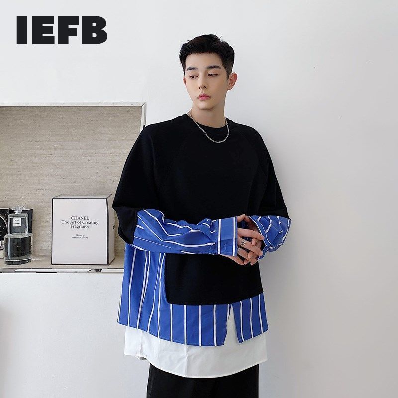 

IEFB Men's Wear Handsome O-neck T-shirts Male's Contrast Color Stitching Striped Print Big Size Long Sleeve Tops Spring 210524, White 9y3996