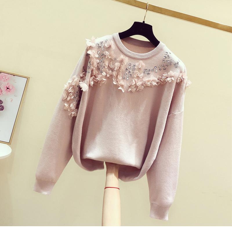 

Women's Sweaters 2021 Autumn And Winter Heavy Embroidery Sequins Three-Dimensional Flower Pink Wool Sweater Knitwear Jumper, White;black