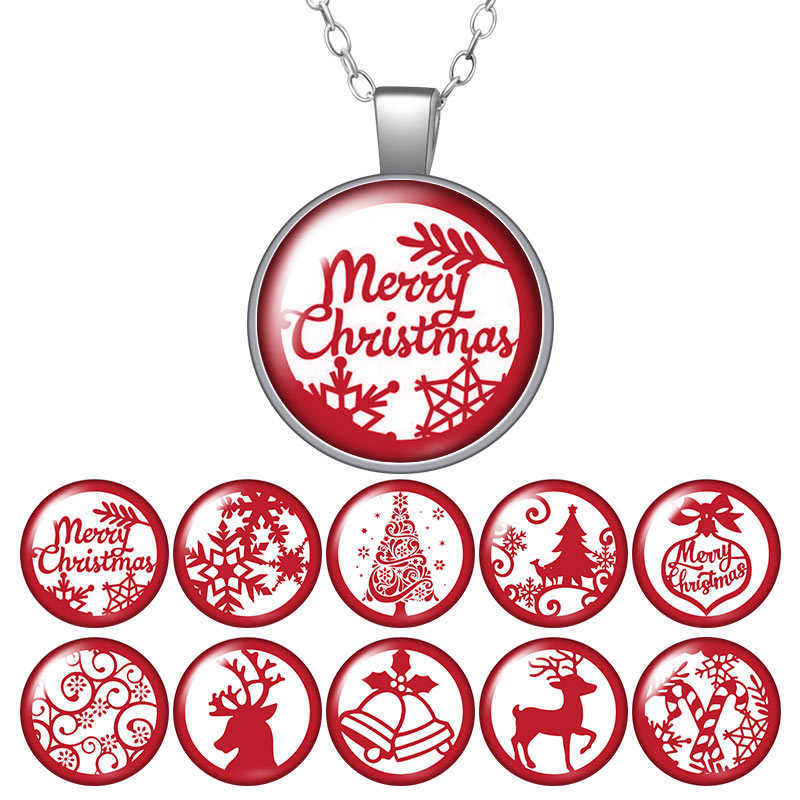 

Merry Christmas Red Patterns Bells Round Pendant Necklace 25mm Glass Cabochon Silver Color Jewelry Women Girl Birthday Gift 50cm