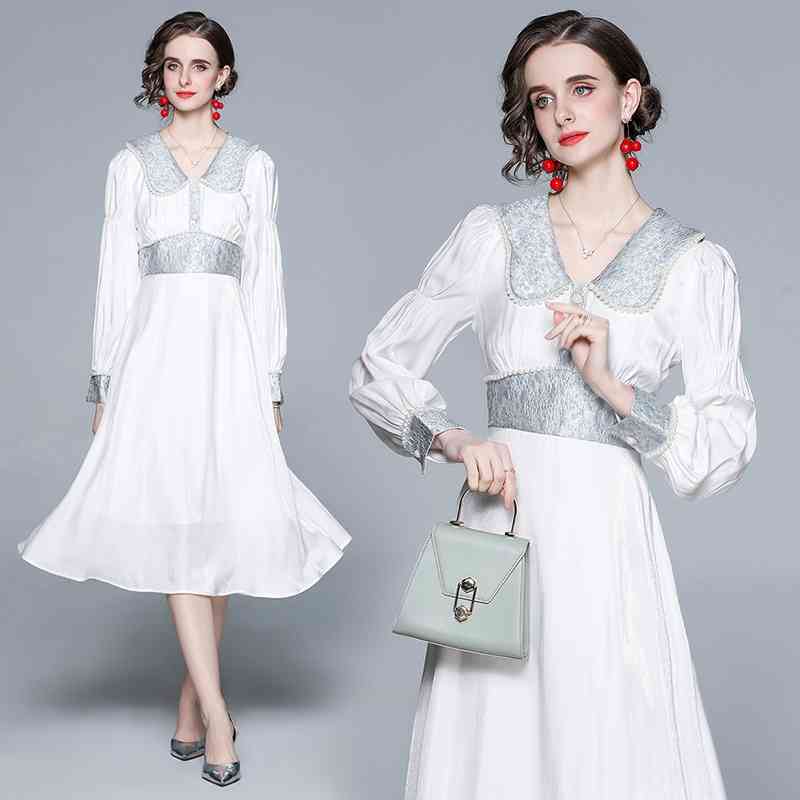 

Summer Fashion Runway Pearls Beading Midi Dress Women's Peter Pan Collar Lantern Sleeve Elegant Party Vestidos 210603, White
