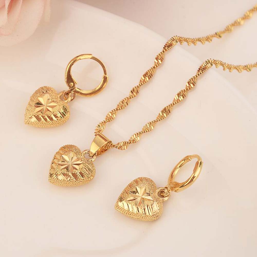 Ethiopian 18 k Solid Fine Yellow Gold Earrings Full love heart set Jewelry Pendant Chain African Bride Flower Bijoux-image-677935906